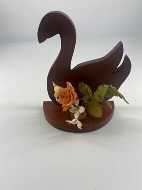 Vintage Wood Swan Goose Figurine Cottagecore Attached Candle Holder Base Brown